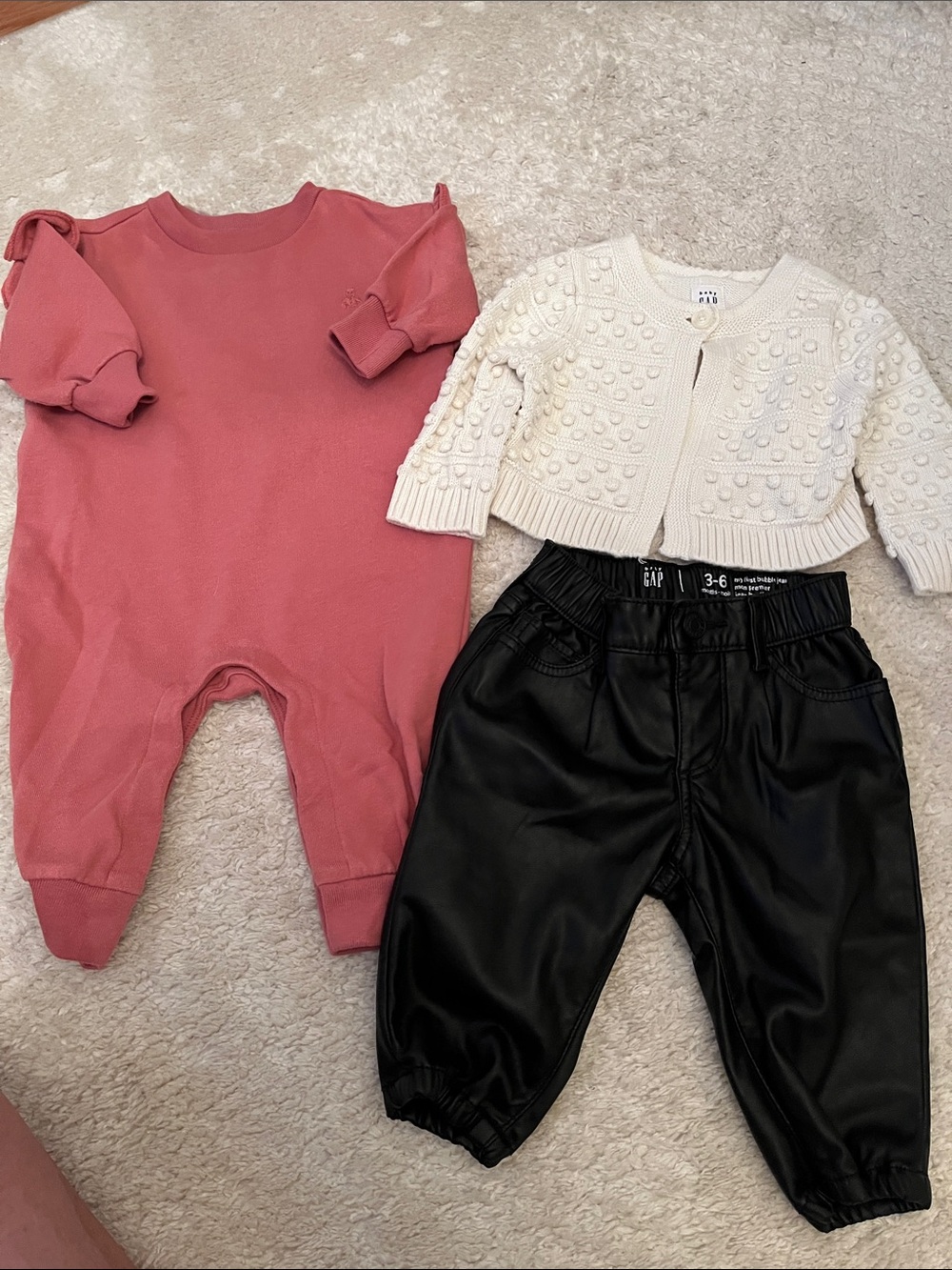 GAP cream sweater, black pleather pants & Pink Long-Sleeve Baby Romper 3-6 mo